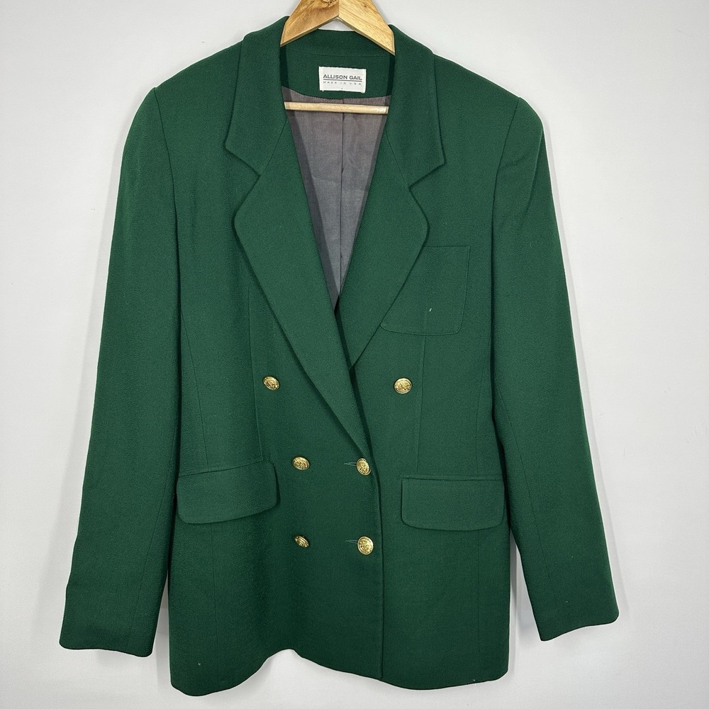 Allison Gail USA Green Wool Coat Gold Buttons Size 10 Womens Overcoat Jacket